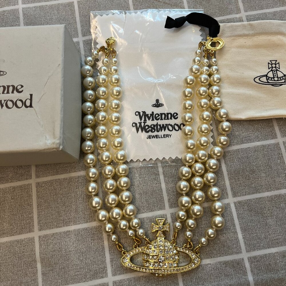 Women's Three Row Triple Layer Pearl Gold Orb Necklace Choker